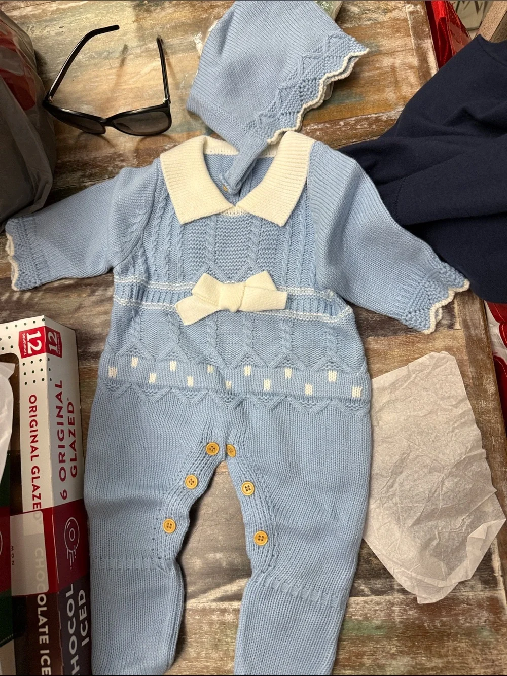 Classic Knit Baby One-Piece in Light Blue with Cream Bow